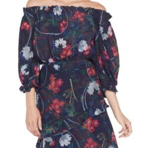 NWOT Saloni Grace Floral Navy Multi Off the Shoulder Silk Mini Dress XS $777